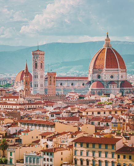 An aerial view of Florence, Italy and the Cathedral of Santa Maria del Fiore